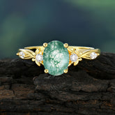 Oval Cut Green Moss Agate Ring Elegant Natural Style